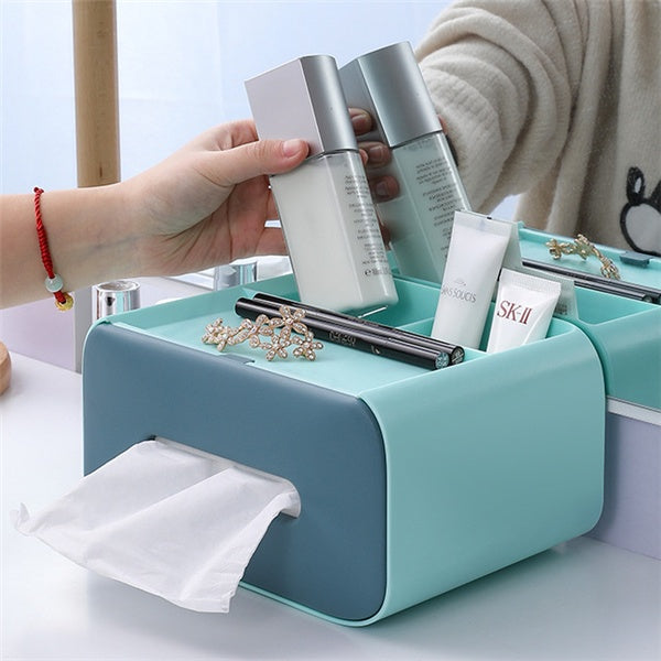 Tissue Storage Box With Cosmetic Makeup Organizer